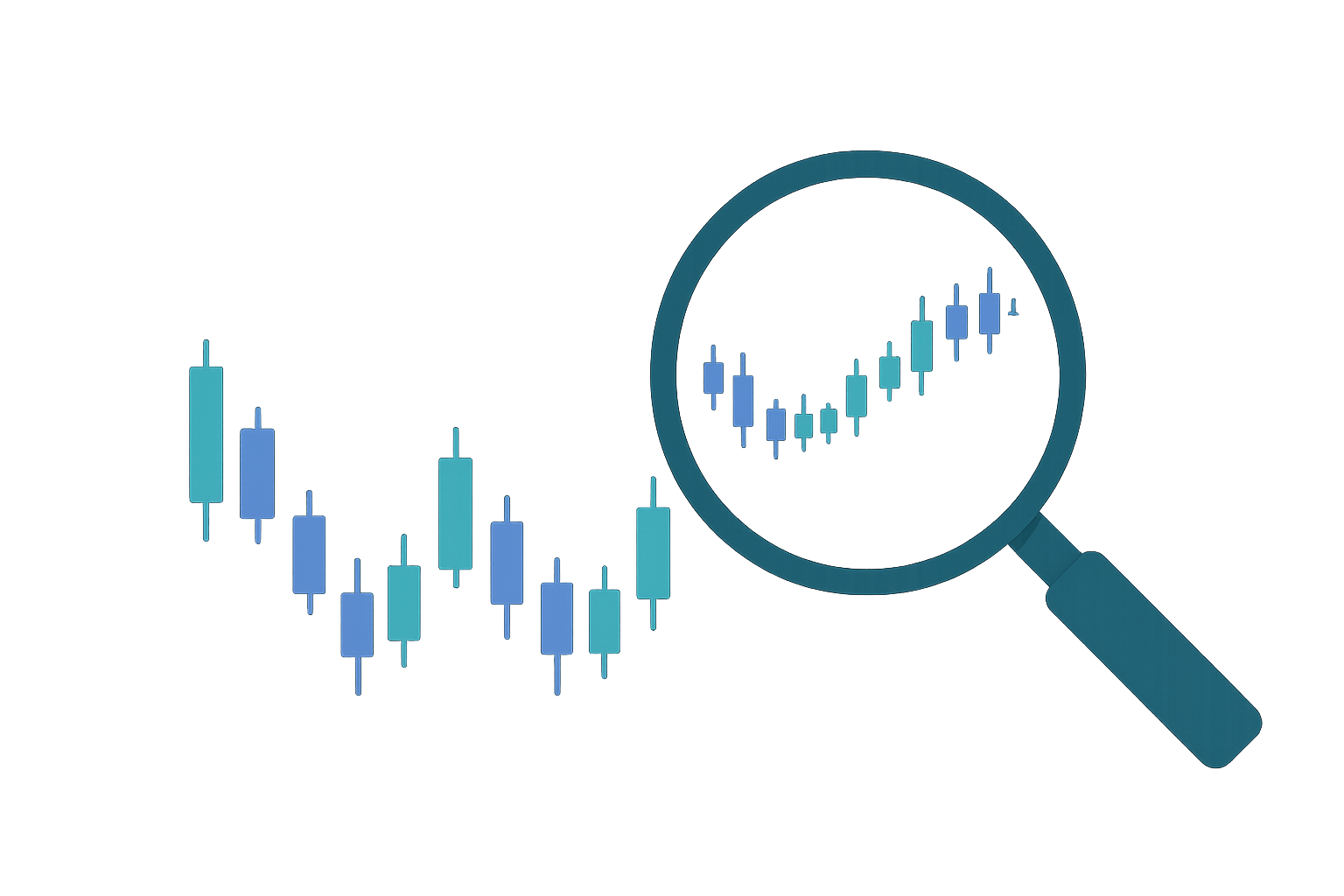 Magnifying glass revealing detailed lower timeframe candles within a higher timeframe chart